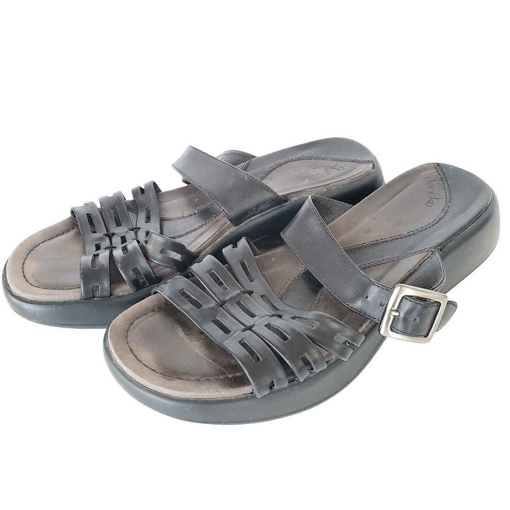 Dansko Womens 41‎ Black Leather Platform Slide Sandals Wedge Comfort Strappy